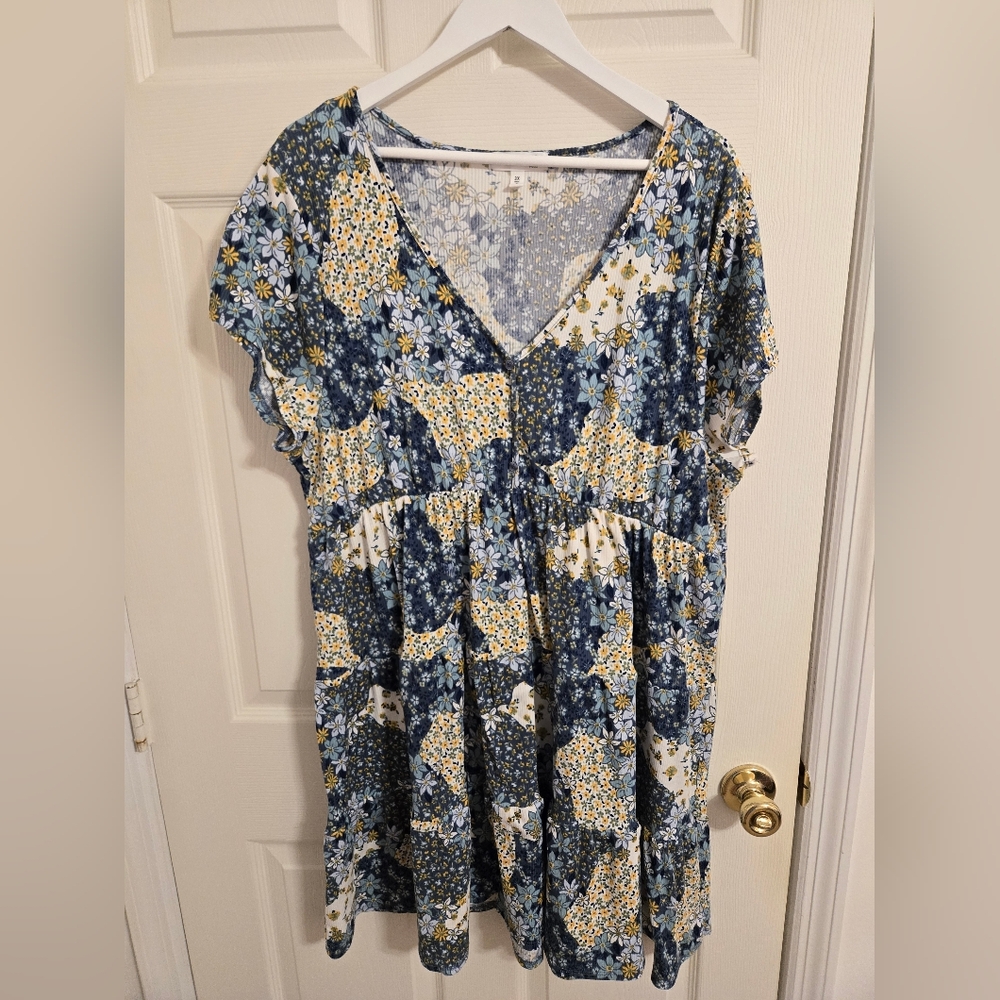 Planet Gold Plus Blue And Yellow Floral Patchwork Dress Size 3X